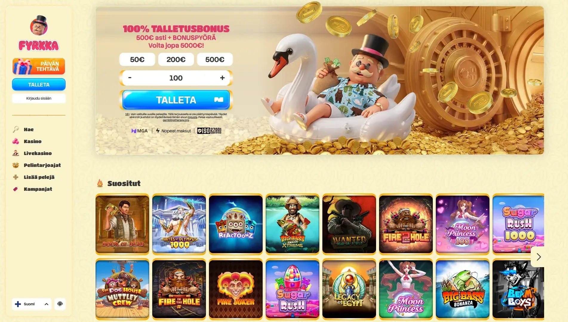 Fyrkka Casino Arvostelu – 100% Bonus 500€ asti + Fyrkkapyörä! Kuvankaappaus 1