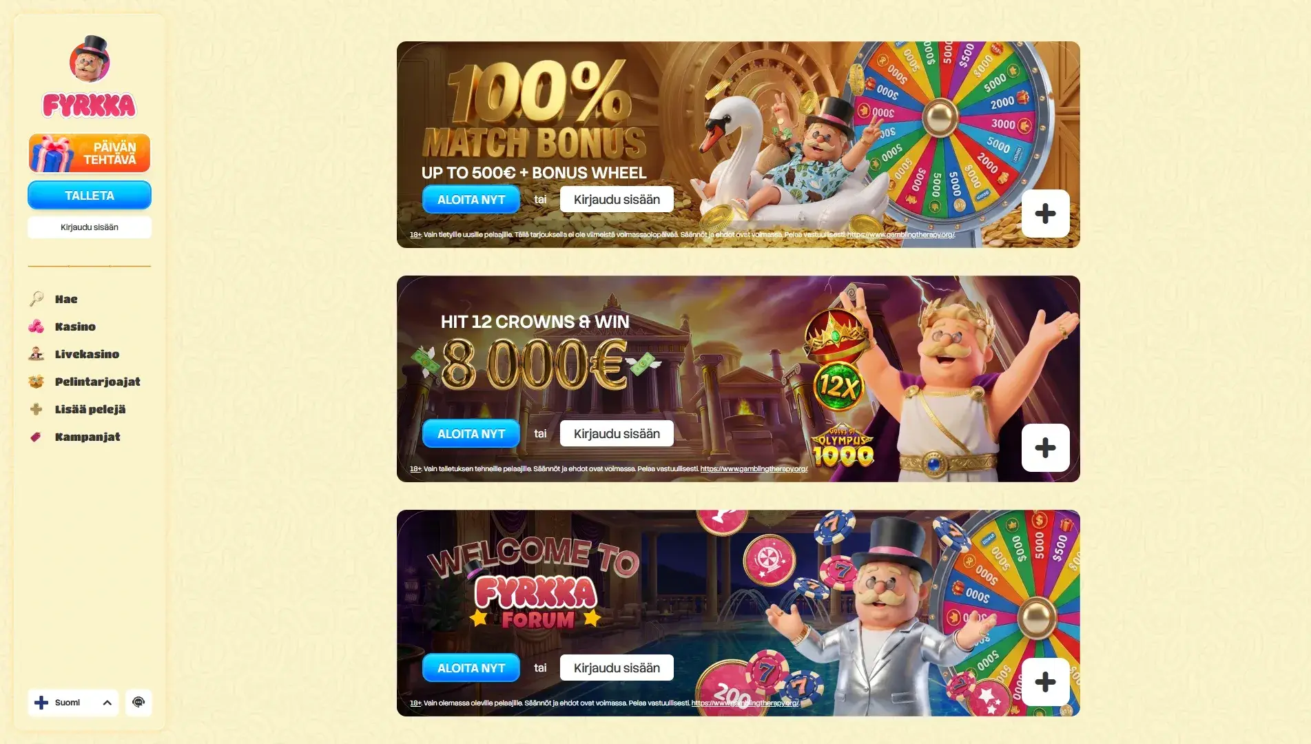 Fyrkka Casino Arvostelu – 100% Bonus 500€ asti + Fyrkkapyörä! Kuvankaappaus 3