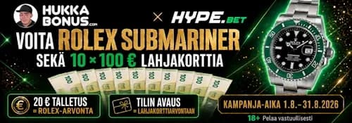 Hype.bet Hukkabonus Lahjakortti ja Rolex arvonta banneri