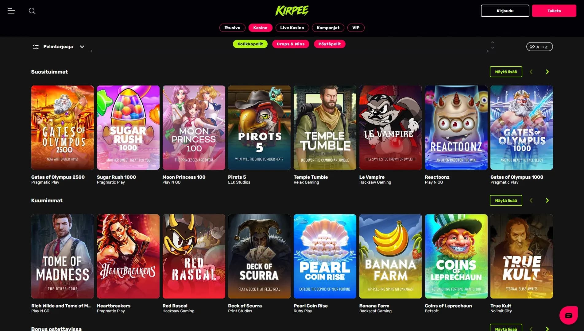 Kirpee Casino – 20x 1€ superkierrosta + jopa 20% cashback Kuvankaappaus 2