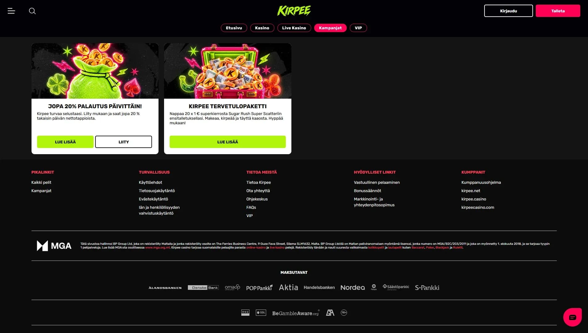 Kirpee Casino – 20x 1€ superkierrosta + jopa 20% cashback Kuvankaappaus 4