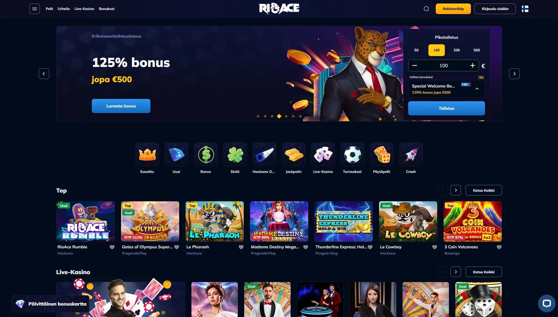 RioAce Casino arvostelu 2026 – 125% Non-Sticky bonus Kuvankaappaus 4
