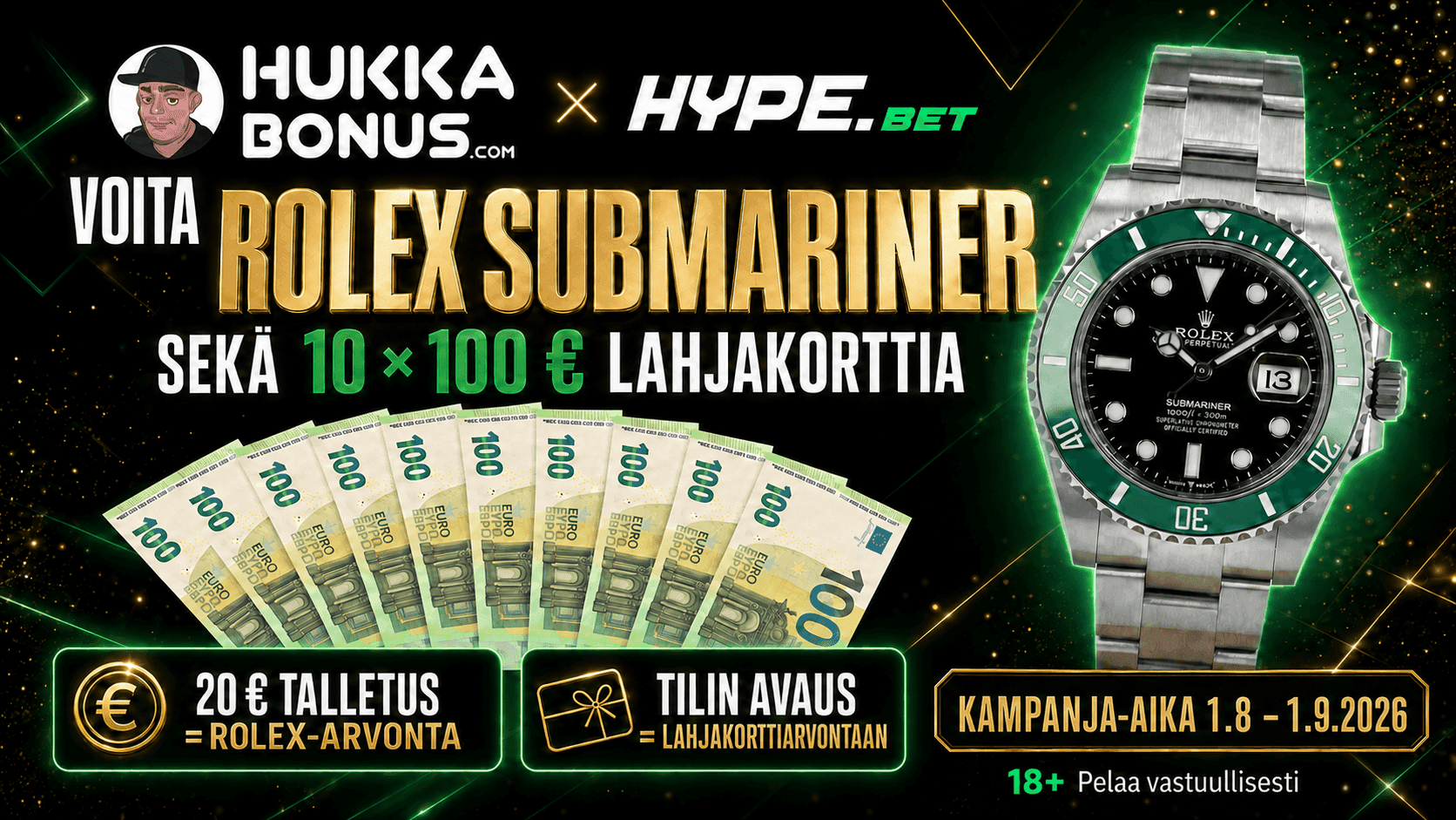 Rolex Submariner ja Lahjakortti arvonta hypebet hukkabonus hukkaw