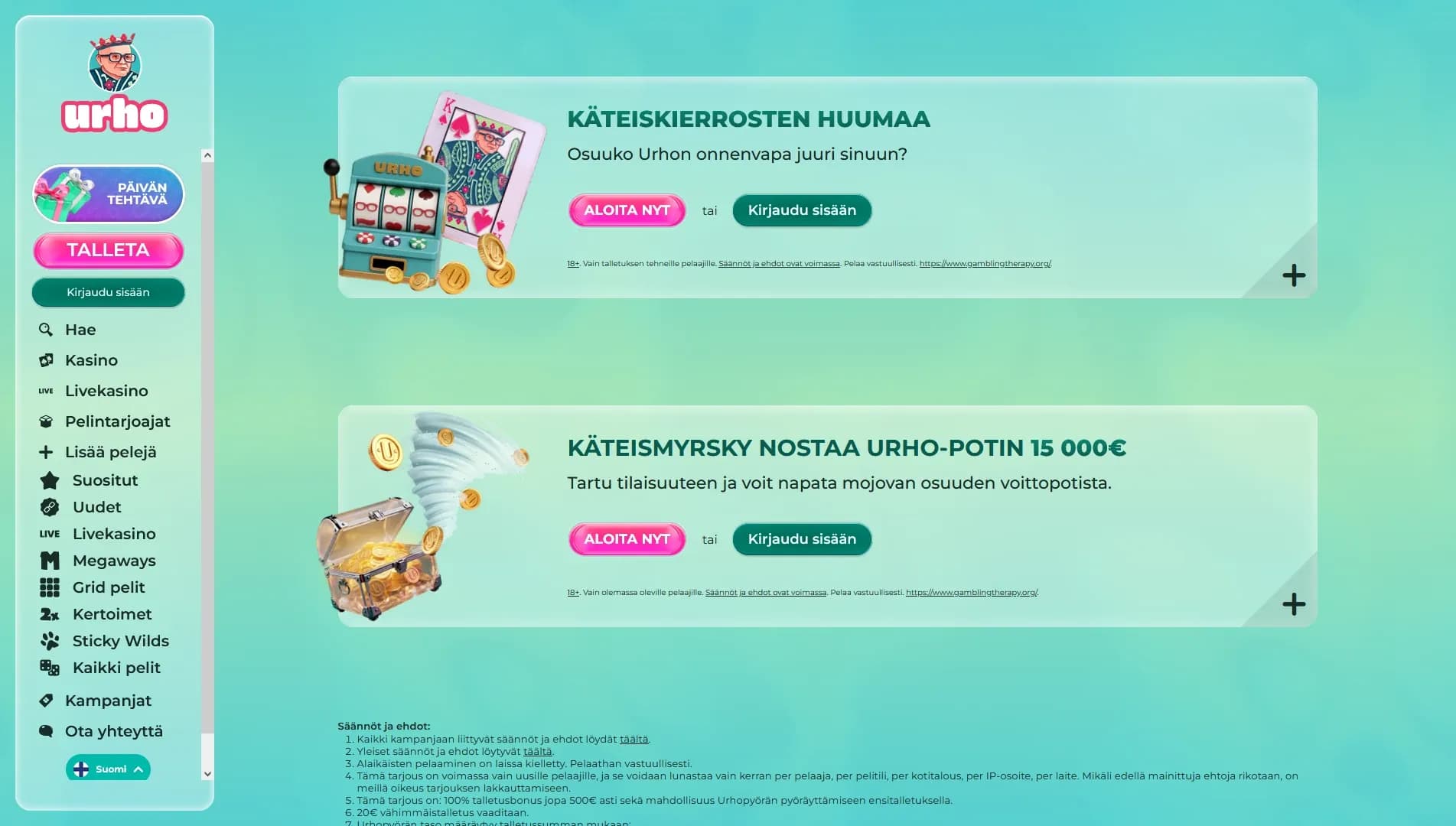 Urhokasino arvostelu 2026 - 100% bonus 500€ asti + kierros Urhopyörään Kuvankaappaus 4