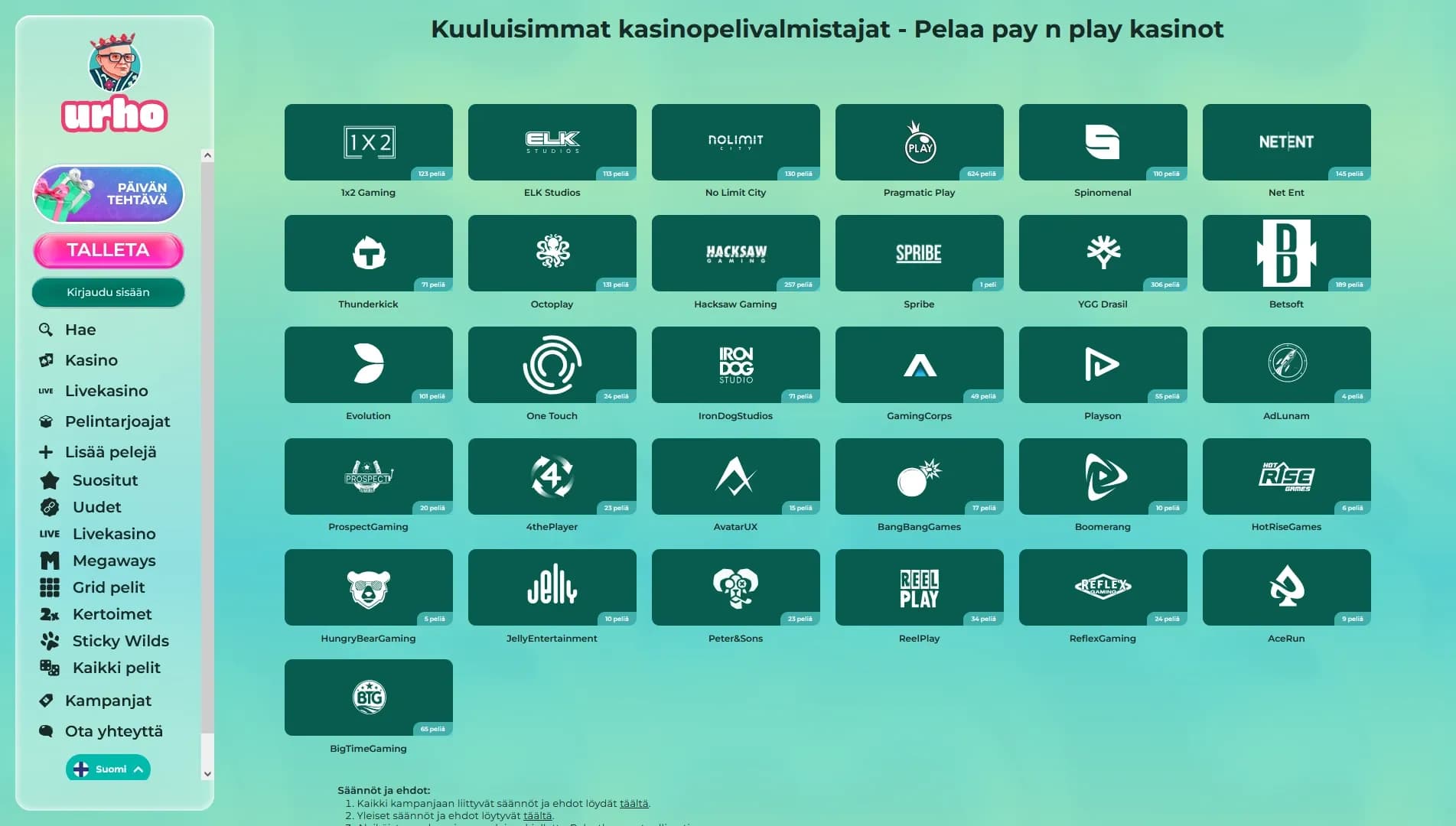Urhokasino arvostelu 2026 - 100% bonus 500€ asti + kierros Urhopyörään Kuvankaappaus 3